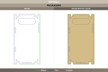 Mobile phone case dieline drawn through vector design refining printing surface packaging adjustment die line mapping defines light streamlined form with perfect edge fit
