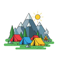 Colorful campsite with mountains, sun, trees, tents, and a campfire on a sunny day