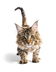 A fluffy, tabby kitten with long fur and tufted ears stands facing forward against a white background. Its tail is curved