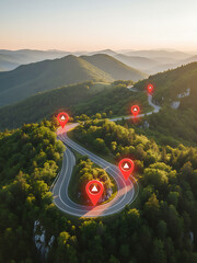 Travel & Navigation Landscape, Winding road goes through vibrant green hills at bright sunrise. Many red location pins mark specific points along journey path. Shows map, navigation, progress, future 
