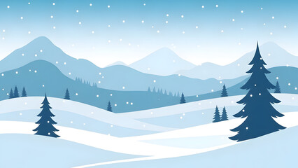 Snow falling on a winter landscape with trees and mountains