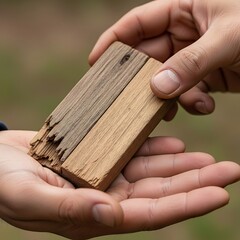 Hands Holding Weathered Wood Showing Material Quality and Grain Texture