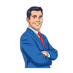 Cartoon of a smiling man in a blue suit with crossed arms