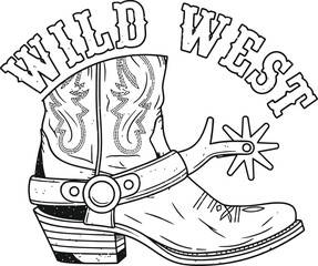 Western cowboy boot vector illustration with Wild West text for country music and rodeo themes on a transparent background.