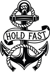 Sailor anchor with rope vector illustration with Hold Fast text for nautical travel themes on a transparent background.