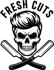 Skull with pompadour hair vector illustration with Fresh Cuts text for retro barber shop branding on a transparent background.