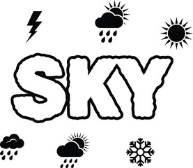 Sky typography with weather elements icon for nature logo design, black and white vector climate badge, sun cloud rain emblem and isolated meteorology graphic illustration