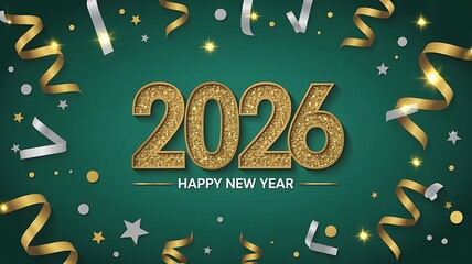 New Year 2026 Design with Glittery Golden Numbers and Festive Streamers on Green