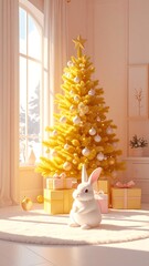 A fluffy white bunny sits before a brightly lit Christmas scene with a golden tree, gifts, and a snowy view