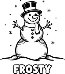 Winter snowman character vector illustration with Frosty text for Christmas holiday greeting cards on a transparent background.