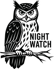 Wise owl bird vector illustration with Night Watch text for security and nature brands on a transparent background.