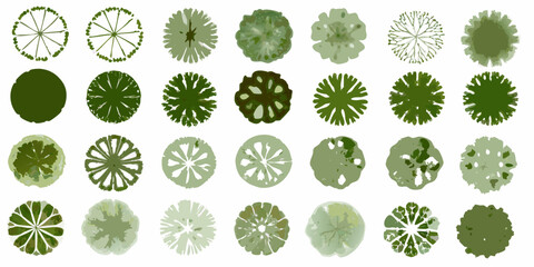 A collection of various green tree top views in a patterned arrangement