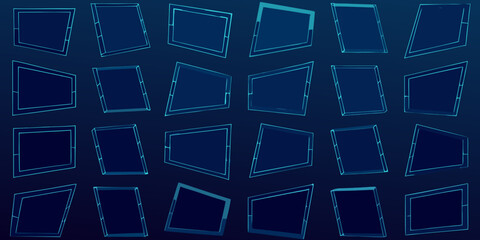 Arrangement of glowing blue geometric shapes on a dark background