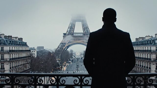 Silhouette of Man Observing Iconic Eiffel Tower in Paris Cityscape from Balcony View, Capturing Urban Architecture and Travel Concept