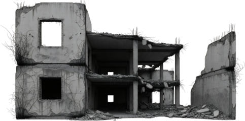 Ruined concrete building structure with broken floors exposed rebar crumbling walls and debris Demolition Destroyed Abandoned