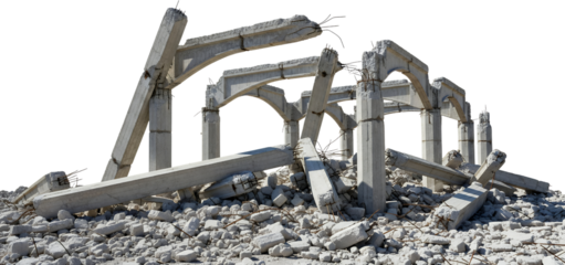 Concrete Building Ruins With Shattered Pillars And Arches Rubble And Rebar Visible Isolated Transparent Background Destruction