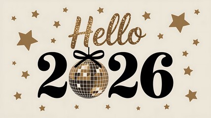 New Year 2026 Graphic with Glittery Gold &ldquo;Hello&rdquo; and Disco Ball Numeral Design