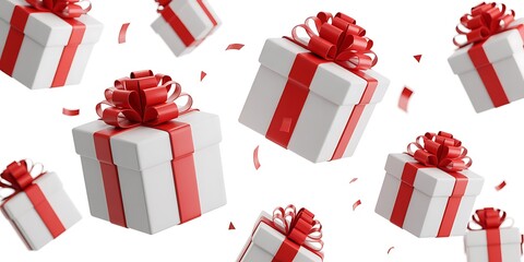 White Gift Boxes with Red Ribbons and Bows in Festive Holiday Composition