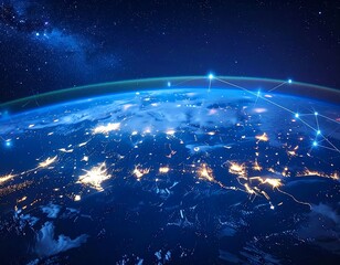A composite illustration of Earth from space with illuminated city lights and interconnected network lines, set against a starfield