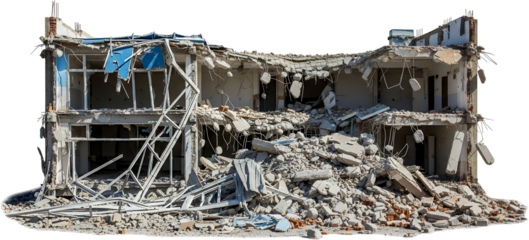 Two story concrete building structure heavily damaged with debris exposed rebar broken windows and caved in roof Demolition