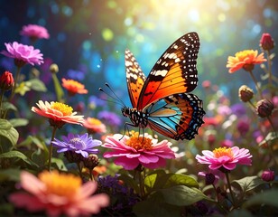 Colorful butterfly perched on a vibrant pink flower in a sunny garden