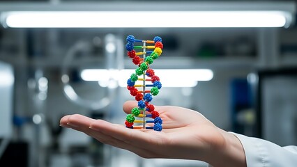 Hand Holding Colorful DNA Helix Model