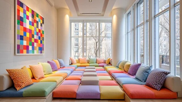A vibrant modern lounge room with colorful modular seating and a large abstract artwork.