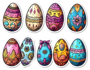 Colorful, decorated Easter egg stickers on white background