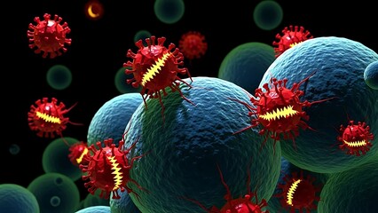 Viruses Attacking Cells In Microscopic View