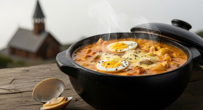 Creamy Chilean Chupe de Mariscos in Black Clay Pot &ndash; Seafood Chowder with Eggs & Cheese, Clam Shell & Chilo&eacute; Church Background, Coastal Home Light