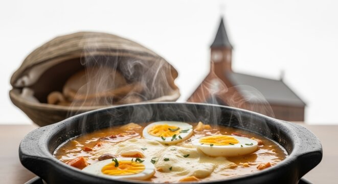 Creamy Chilean Chupe de Mariscos in Black Clay Pot &ndash; Seafood Chowder with Eggs & Cheese, Clam Shell & Chilo&eacute; Church Background, Coastal Home Light