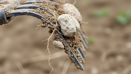 Fototapeta premium Soil clumps entangled in garden rake, cultivating earth for planting