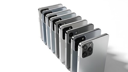 Multiple smartphones lined up in a row on a white background