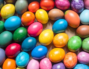 Colorful dyed eggs arranged closely together on a light brown surface