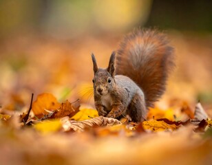 Fototapeta premium A fluffy-tailed, red-furred rodent sits amidst a carpet of fallen autumn leaves, looking directly at the viewer with focused eyes