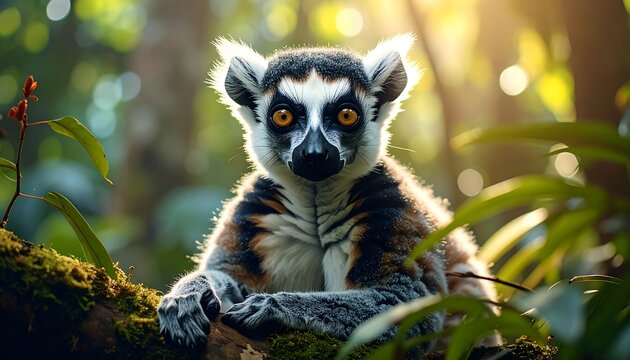 A curious lemur with striking eyes perched on a branch amidst lush green foliage and sunlit background