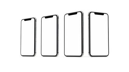 A line of four smartphone mockups on a white background