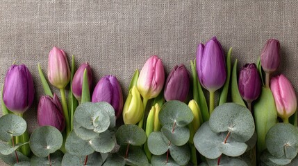 Spring Flatlay With Tulips and Eucalyptus Set on Neutral Linen Background With Clear Center Space for Banner, Perfect for Seasonal Designs and Promotions