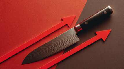 competitive edge chef knife aligned with upward red arrow, sharp business strategy metaphor
