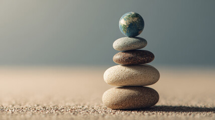 Earth Balance pebble stack topped with a small globe icon, calm symbolism
