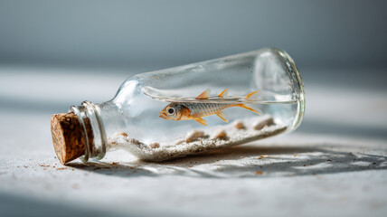 Ocean Loss empty glass bottle with small paper fish inside, stranded on clean surface