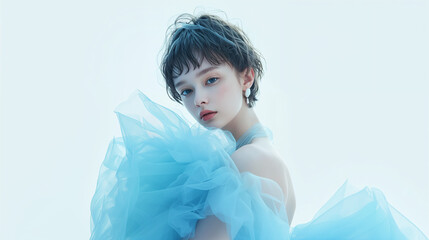 チュールドレスを着たショートカットの綺麗な女性