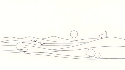 Minimalist Line Art Drawing of Rolling Hills and Scattered Trees.