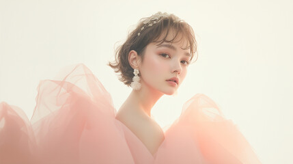 ピンクのチュールドレスを着た可愛い女性