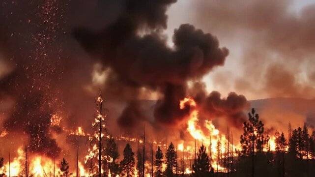 Wildfire raging through dense forest at sunset, intense flames and thick smoke engulfing trees in a natural environment, aerial viewpoint showcasing fire destruction