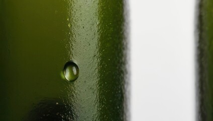 Close-up of a single water droplet on a vibrant green surface, reflecting light beautifully.