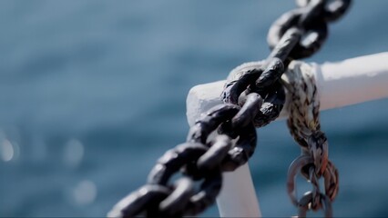 Close-up of a thick metal chain attached to a railing with the ocean in the background.