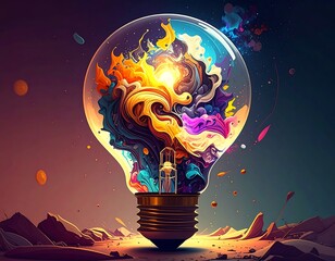 Conceptual artwork of a lightbulb bursting with colorful, swirling energy