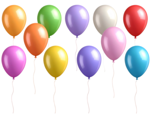 Ten colorful, round balloons float upwards on dark background