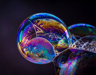 Close-up of soap bubbles with iridescent colors and reflections
